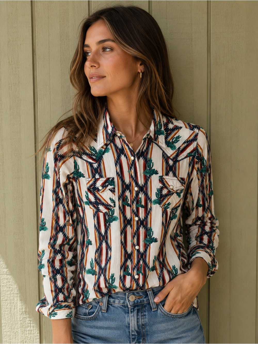Wrangler Retro Cream Button-Down Shirt with Green Cactus & Multicolor Stripes